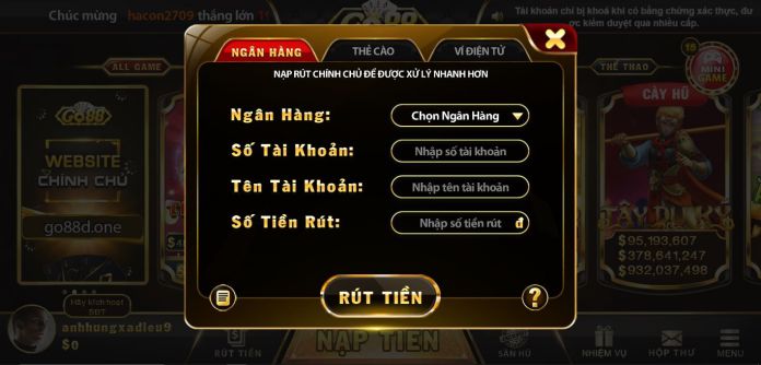 Các thao tác Rút tiền Go88 siêu dễ qua 2 phương thức